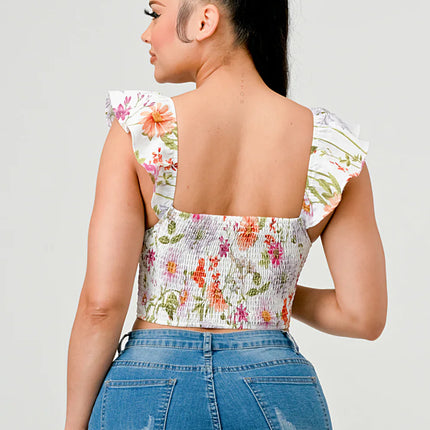 FLORAL SWEETHEART RUCHED FLUTTER SLEEVES CROPPED TOP