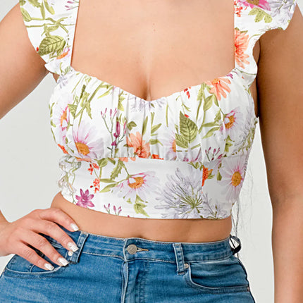 FLORAL SWEETHEART RUCHED FLUTTER SLEEVES CROPPED TOP