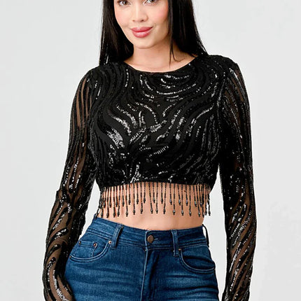 LUXE WAVE SEQUINS LONG SLEEVES STONE FRINGE DETAIL CROPPED TOP