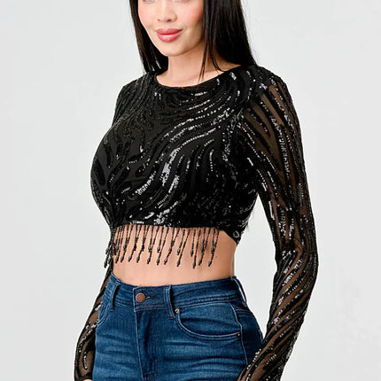 LUXE WAVE SEQUINS LONG SLEEVES STONE FRINGE DETAIL CROPPED TOP