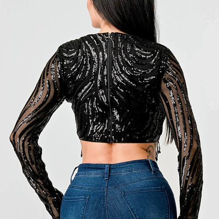 LUXE WAVE SEQUINS LONG SLEEVES STONE FRINGE DETAIL CROPPED TOP