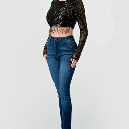 LUXE WAVE SEQUINS LONG SLEEVES STONE FRINGE DETAIL CROPPED TOP