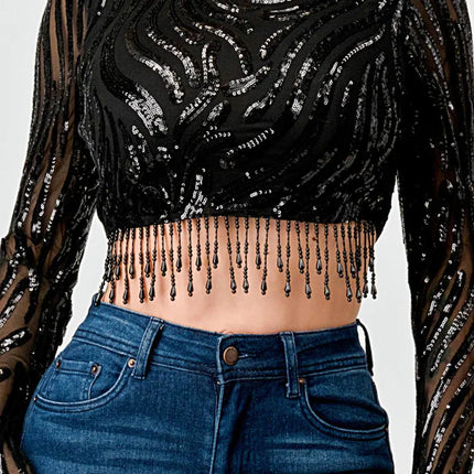LUXE WAVE SEQUINS LONG SLEEVES STONE FRINGE DETAIL CROPPED TOP