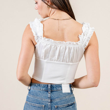 Satin Tie-Front Ruffle Bustier Crop Top