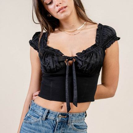 Satin Tie-Front Ruffle Bustier Crop Top