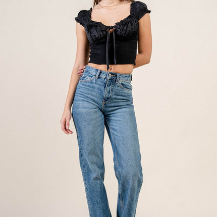 Satin Tie-Front Ruffle Bustier Crop Top
