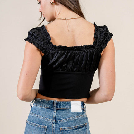 Satin Tie-Front Ruffle Bustier Crop Top