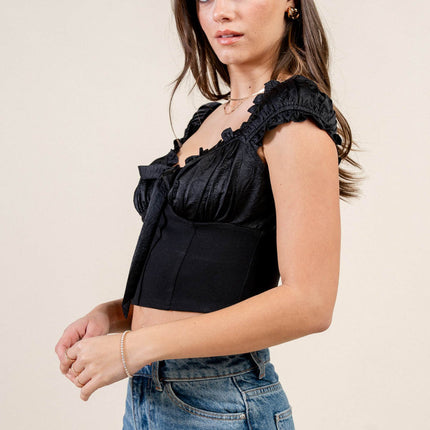 Satin Tie-Front Ruffle Bustier Crop Top
