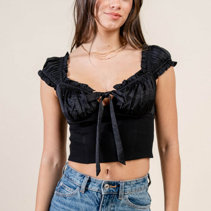 Satin Tie-Front Ruffle Bustier Crop Top