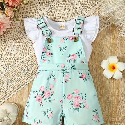 2 PCS Floral Overall Set with White Short Sleeve Shirt