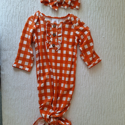 Orange and White Checked Gown with Matching Headband