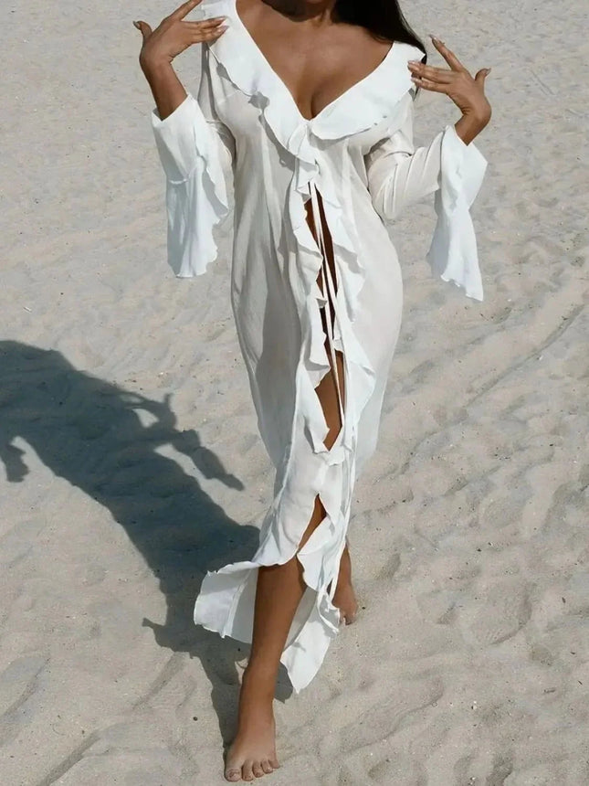 Fashion Ruffled Long Sleeve Cover-Up Dress