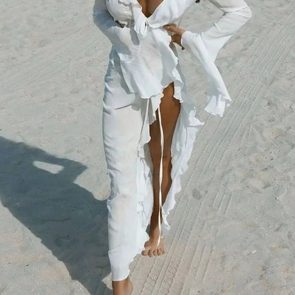 Fashion Ruffled Long Sleeve Cover-Up Dress