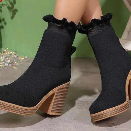 Ruffled Trim Chunky Heel Boots