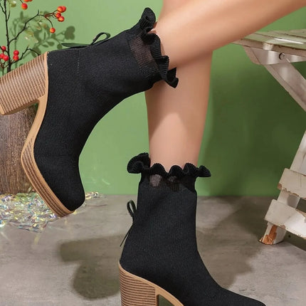 Ruffled Trim Chunky Heel Boots