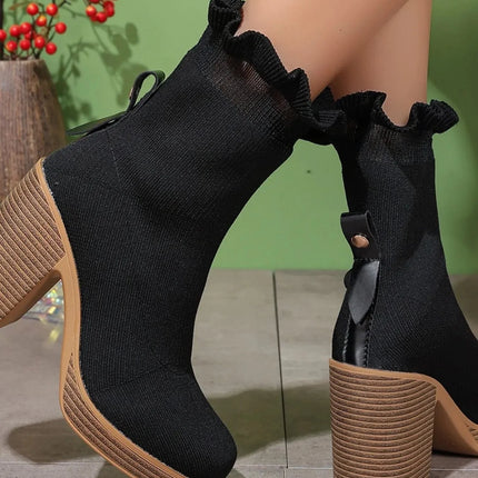Ruffled Trim Chunky Heel Boots