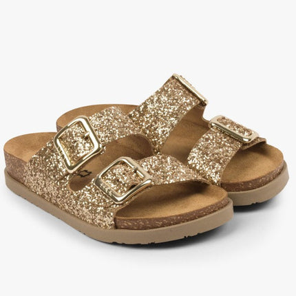 Siena II by LEON– Women’s Leather Sandal- Glitter Double Buckle Slip-on with Cushioned Footbed