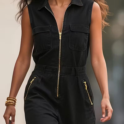 Fashionable Sleeveless Zip-Up Jumpsuit