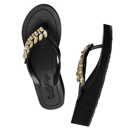 Smith - Gold Leaves Rhinestone Mid Wedge Flip Flops