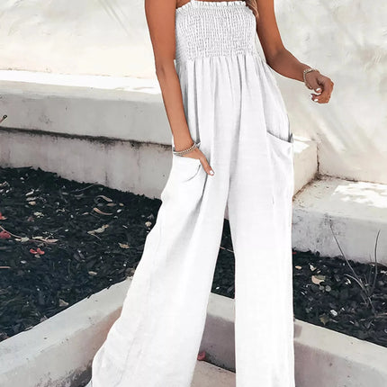 Fashionable Smocked Tube Wide Leg Jumpsuit