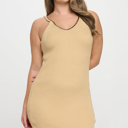 Chain Trim Ribbed Knit Dress