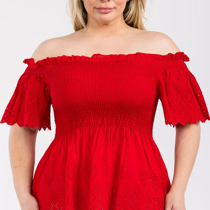 Off Shoulder Smocked Eyelet Top