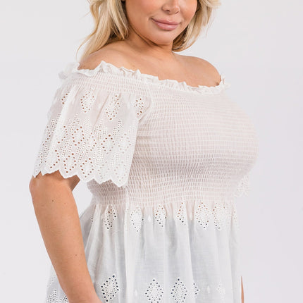 Off Shoulder Smocked Eyelet Top