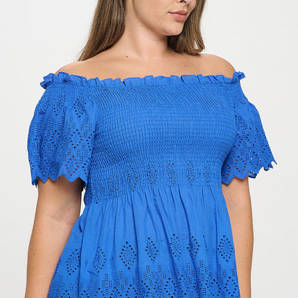 Off Shoulder Smocked Eyelet Top