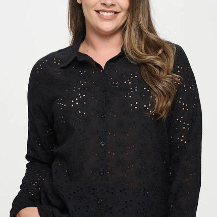 Long Sleeve Button Down Eyelet Top