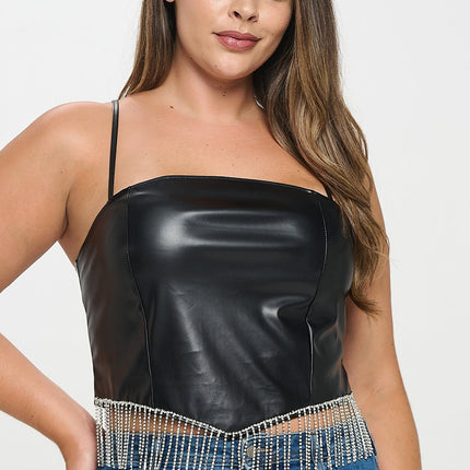 Rhinestone Fringed Faux Leather Top