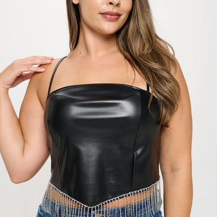 Rhinestone Fringed Faux Leather Top