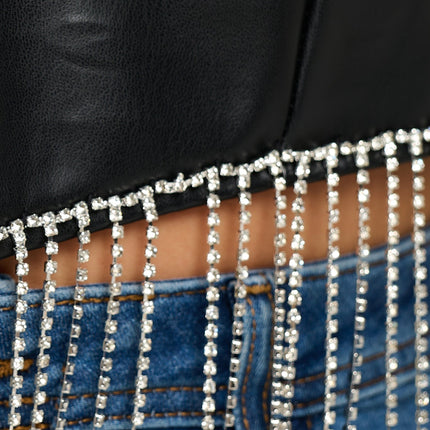 Rhinestone Fringed Faux Leather Top