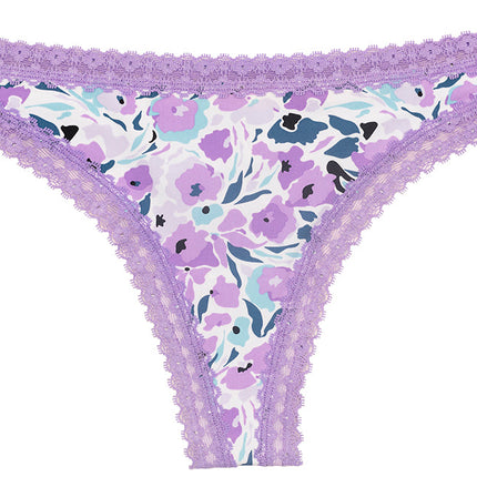 Purple Microfiber Thong with Lace Trim