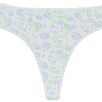 Printed Cotton High Waist Thong with Picot Trim