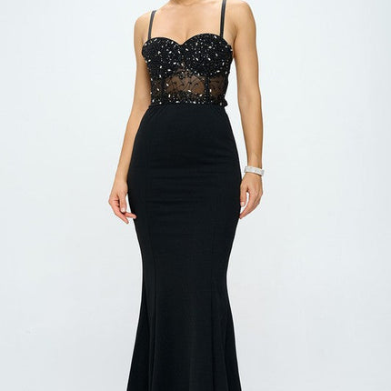 Beaded Bustier Mermaid Maxi Dress