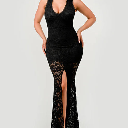 DEEP V NECK LACE MERMAID MAXI DRESS