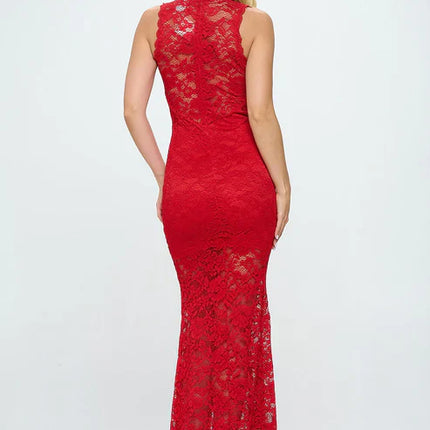 DEEP V NECK LACE MERMAID MAXI DRESS