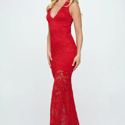 DEEP V NECK LACE MERMAID MAXI DRESS