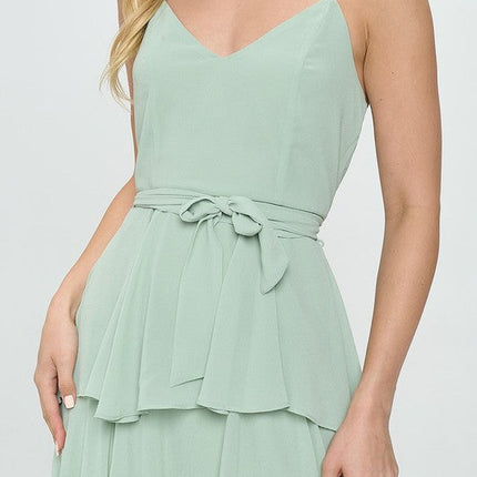 Belted Layered Hem Sleeveless Maxi Dress