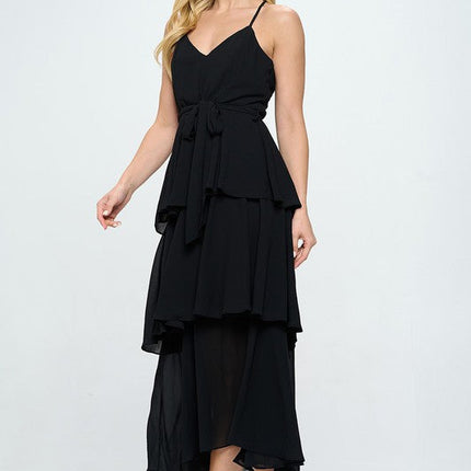 Belted Layered Hem Sleeveless Maxi Dress