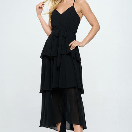 Belted Layered Hem Sleeveless Maxi Dress