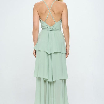 Belted Layered Hem Sleeveless Maxi Dress