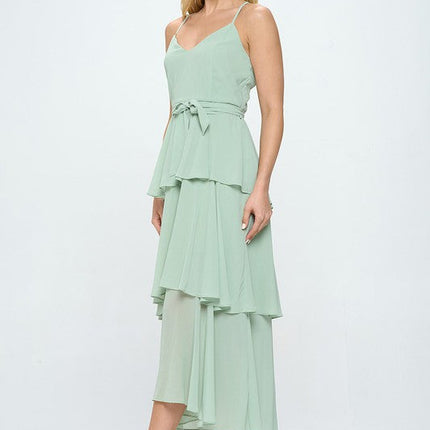 Belted Layered Hem Sleeveless Maxi Dress