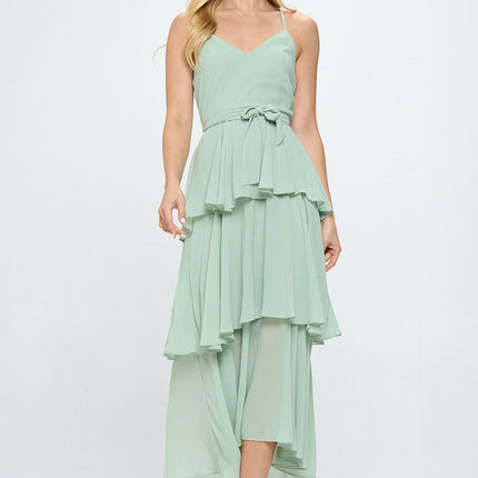 Belted Layered Hem Sleeveless Maxi Dress