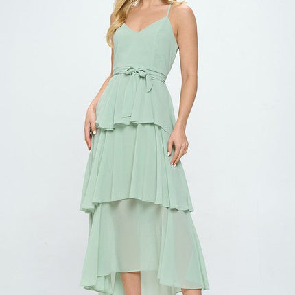 Belted Layered Hem Sleeveless Maxi Dress
