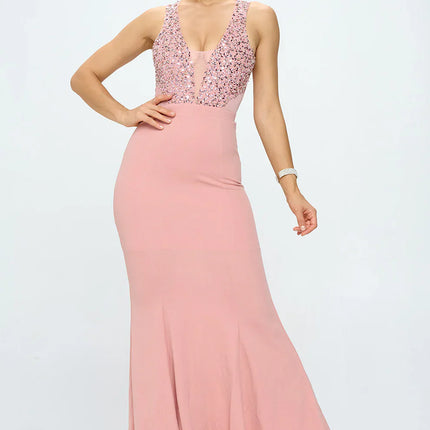 DEEP V NECK RHINESTONED FLOOR LENGTH MAXI DRESS