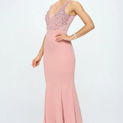 DEEP V NECK RHINESTONED FLOOR LENGTH MAXI DRESS