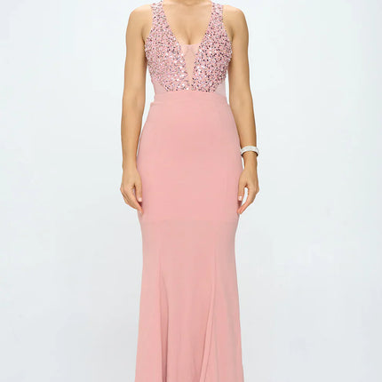 DEEP V NECK RHINESTONED FLOOR LENGTH MAXI DRESS