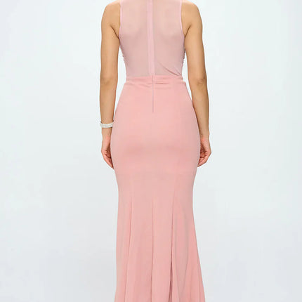 DEEP V NECK RHINESTONED FLOOR LENGTH MAXI DRESS
