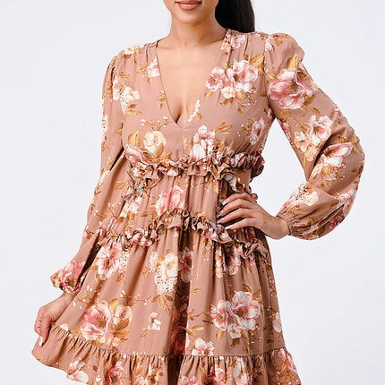 FLORAL CHIFFON V-NECK MINI DRESS